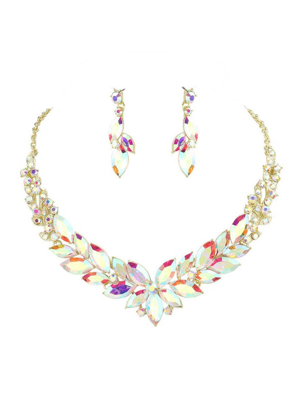 Flower Petal Rhinestone Statement Necklace & Earring Set in Gold