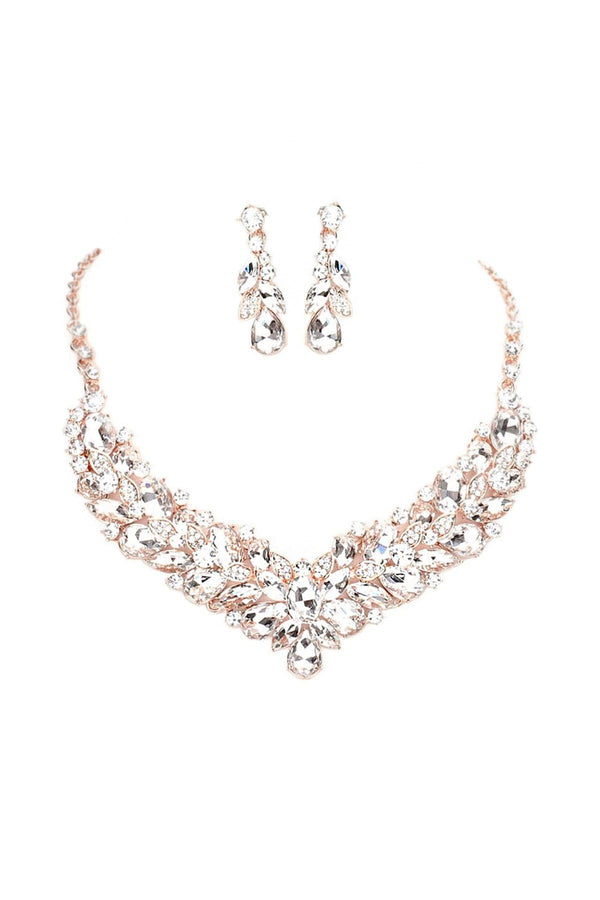 Cluster Rhinestone Statement Necklace & Earring Set in Rose Gold