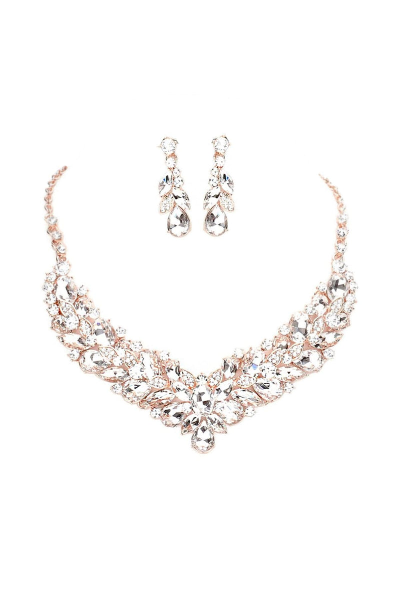 Cluster Rhinestone Statement Necklace & Earring Set in Rose Gold