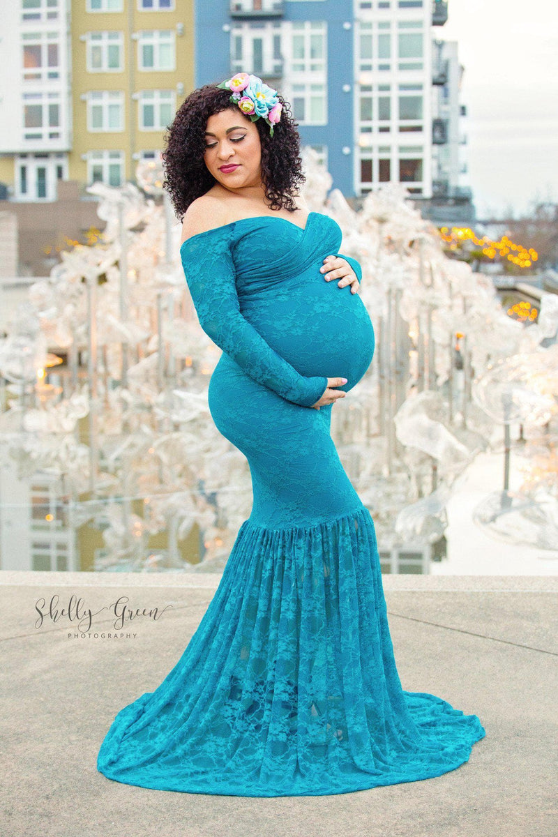 Pregnant woman in the Priscilla Gown in Peacock by Sew Trendy Accessories