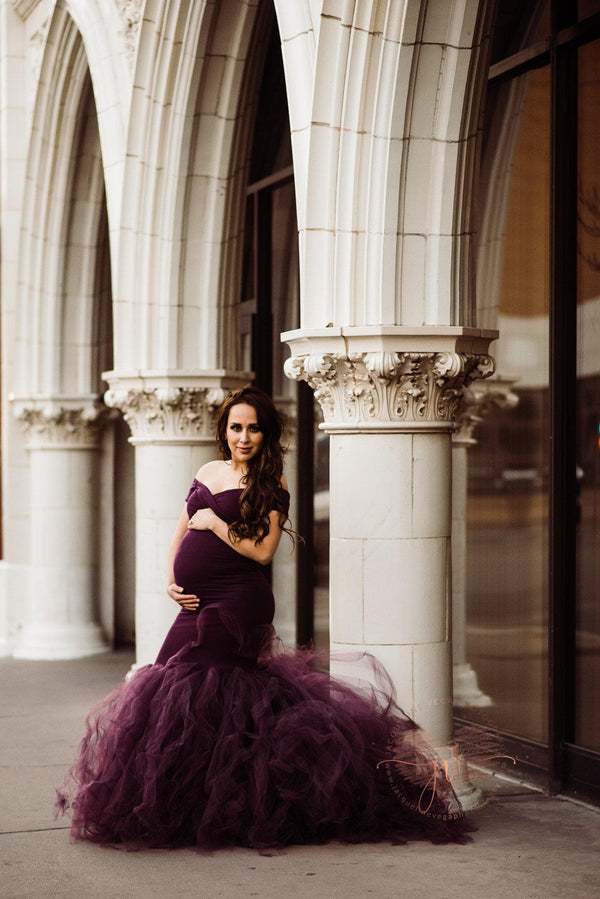 Pregnant mother in the Jacqueline Gown in Plum by Sew Trendy Accessories.