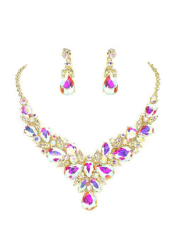 Marquis Rhinestone Statement Necklace & Earring Set in Gold