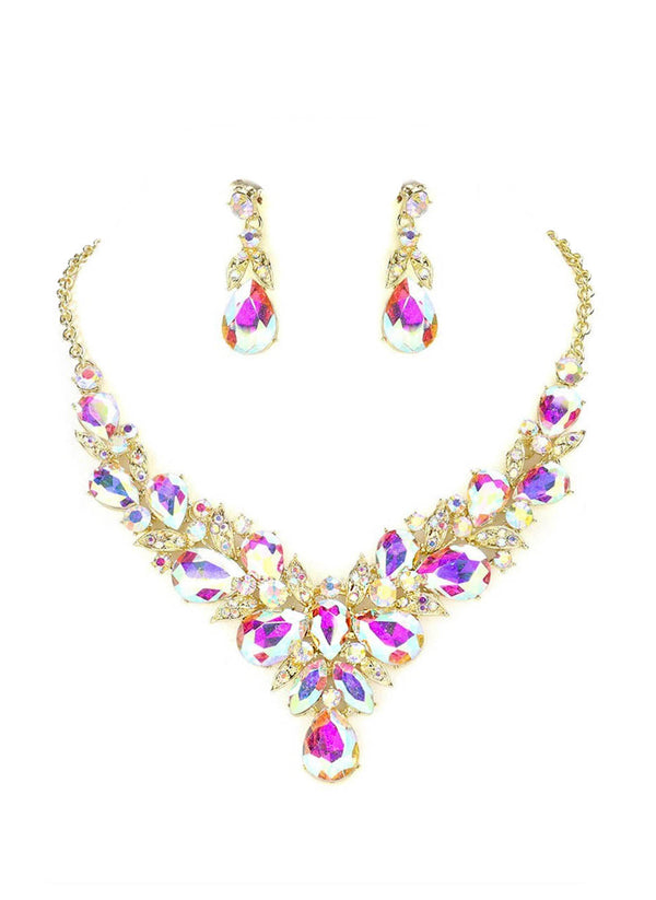 Marquis Rhinestone Statement Necklace & Earring Set in Gold
