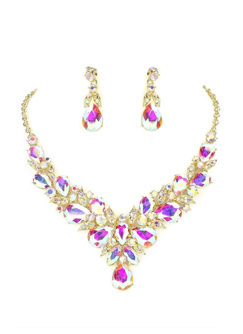 Marquis Rhinestone Statement Necklace & Earring Set in Gold