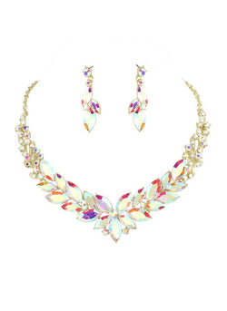 Flower Petal Rhinestone Statement Necklace & Earring Set in Gold