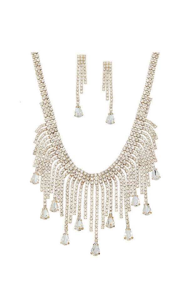Drop Marquis Statement Necklace and Earring Set in Gold