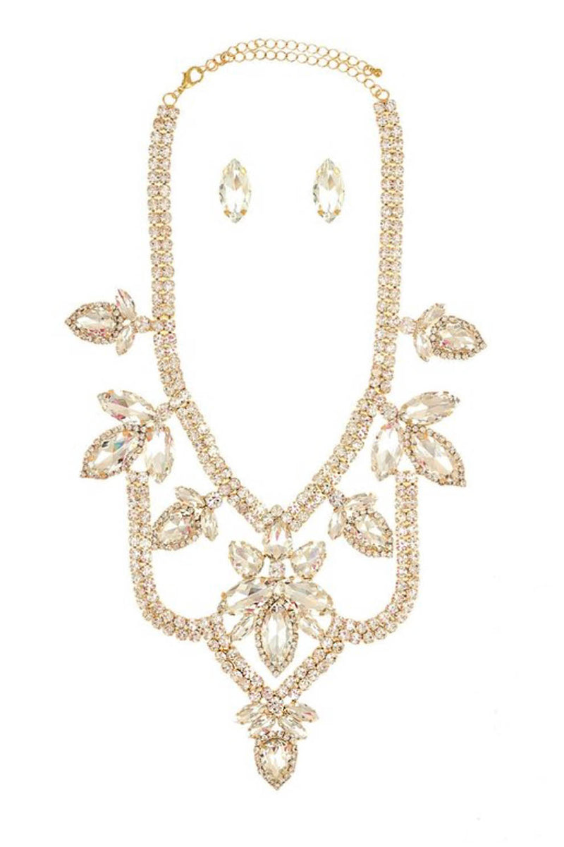 Marquis Chandelier Rhinestone Statement Necklace & Earring Set in Gold