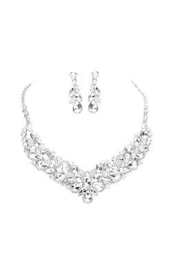 Cluster Rhinestone Statement Necklace & Earring Set in Silver