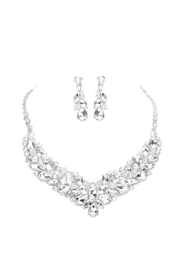 Cluster Rhinestone Statement Necklace & Earring Set in Silver