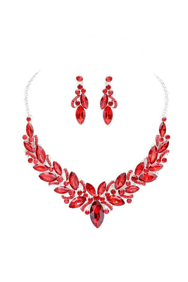 Marquis Rhinestone Statement Necklace & Earring Set in Ruby