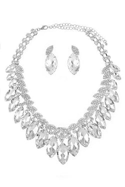 Large Marquis Rhinestone Statement Necklace & Earring Set in Silver