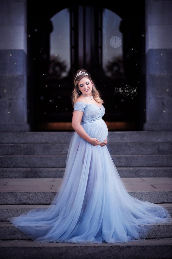 Beautiful pregnant woman wearing the Willow skirt by Sew Trendy standing on stairs in a Cinderella themed session.