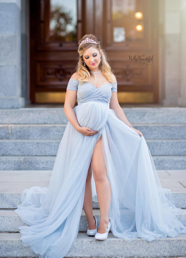 Beautiful pregnant woman wearing the Willow skirt by Sew Trendy standing on stairs in a Cinderella themed session.