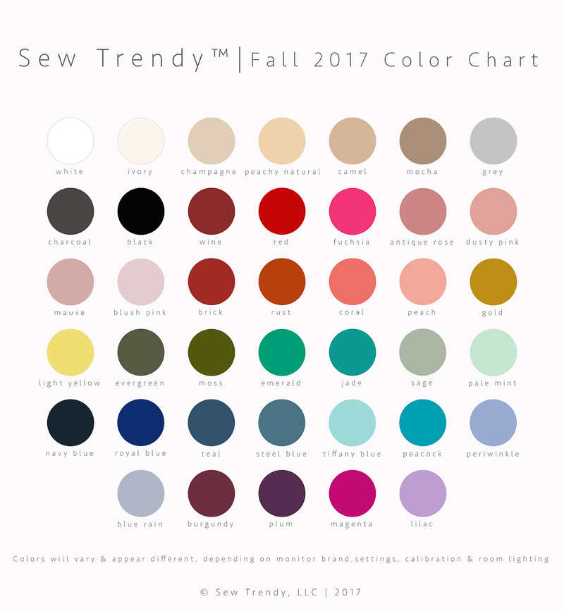 Sew Trendy Color Chart, Shows knit colors available at www.sewtrendyaccessories.com, including colors for the Newborn Beanbag Backdrop