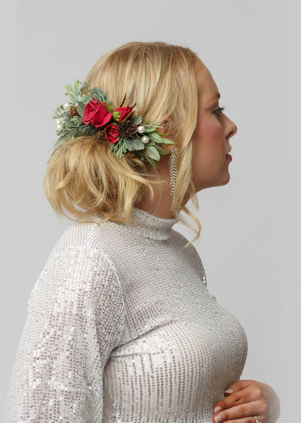 Rose and Evergreen Floral Comb