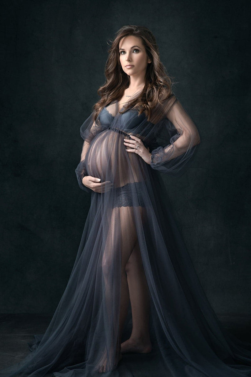 Beautiful pregnant woman wearing the chante robe by Sew Trendy in a grey studio