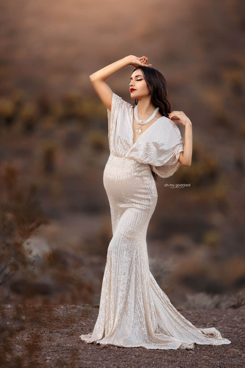 Momyknows White Off Shoulder Grenadine Side Slit Backless V-Neck Babyshower  Maternity Maxi Dress